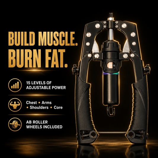 Black adjustable power training device with promotional text on a dark background