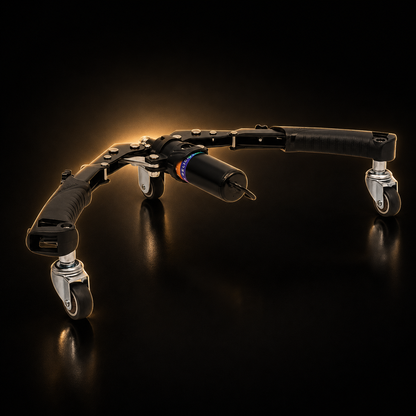 Black mechanical arm with joints on a dark reflective surface