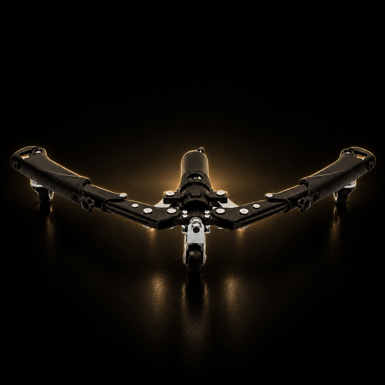 Black drone on a reflective surface with a dark background