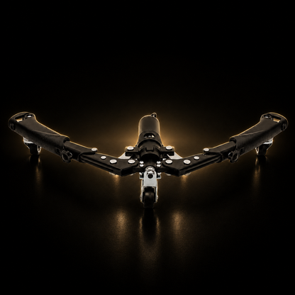 Black drone on a reflective surface with a dark background