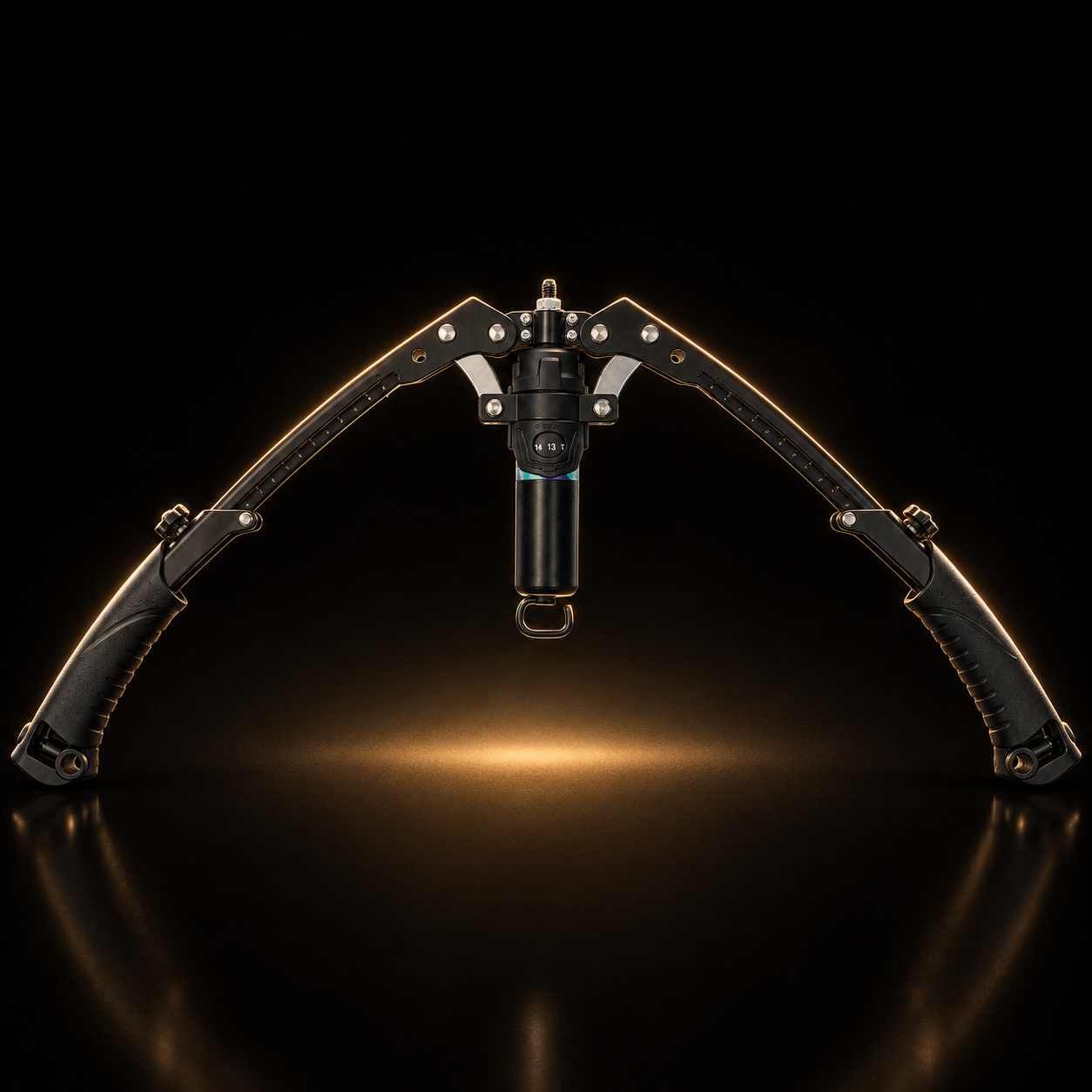 Black crossbow on a reflective black surface with a dark background