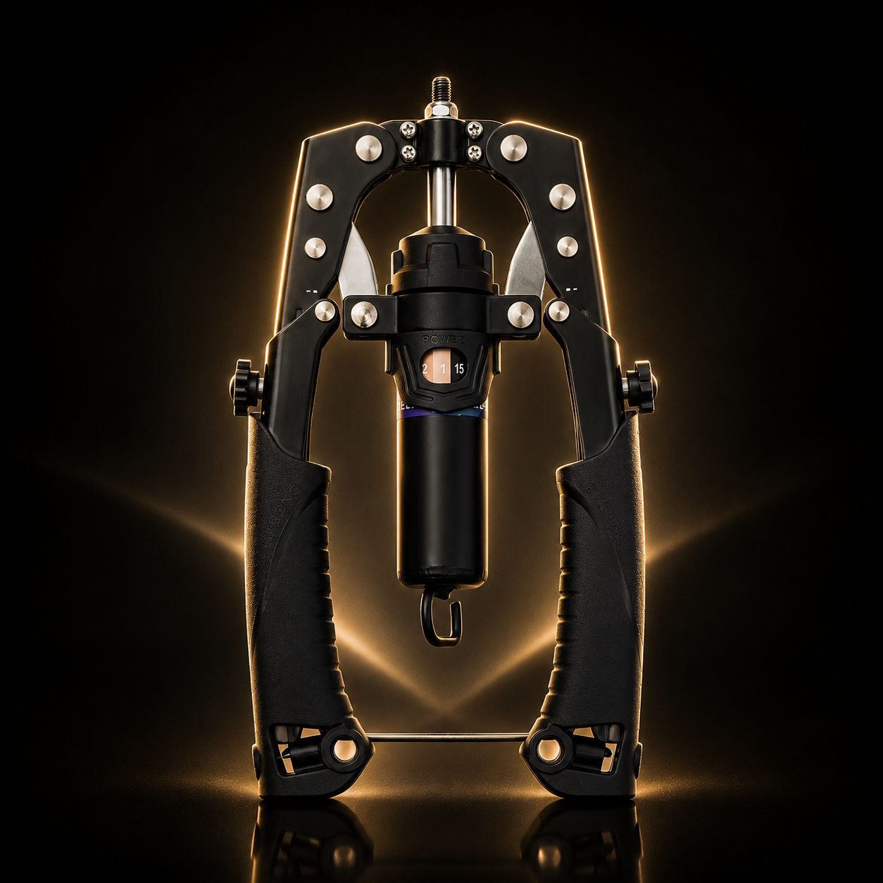 Black mechanical device with illuminated highlights on a dark background