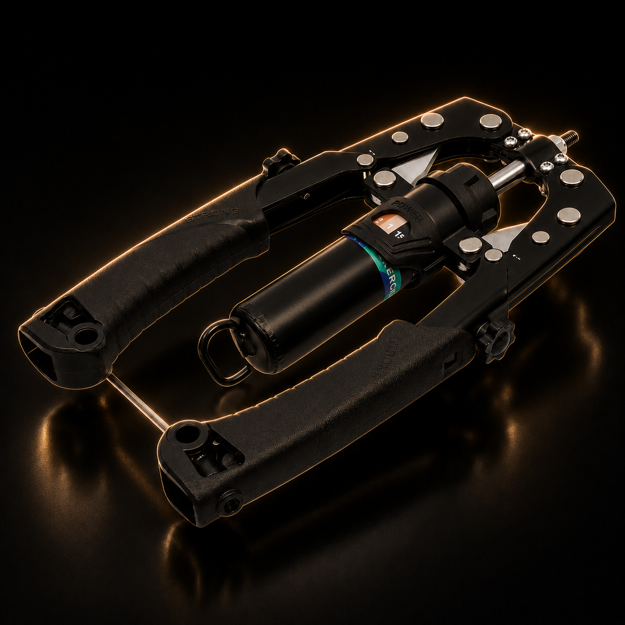 Black metal tool or component on a reflective black surface with a dark background