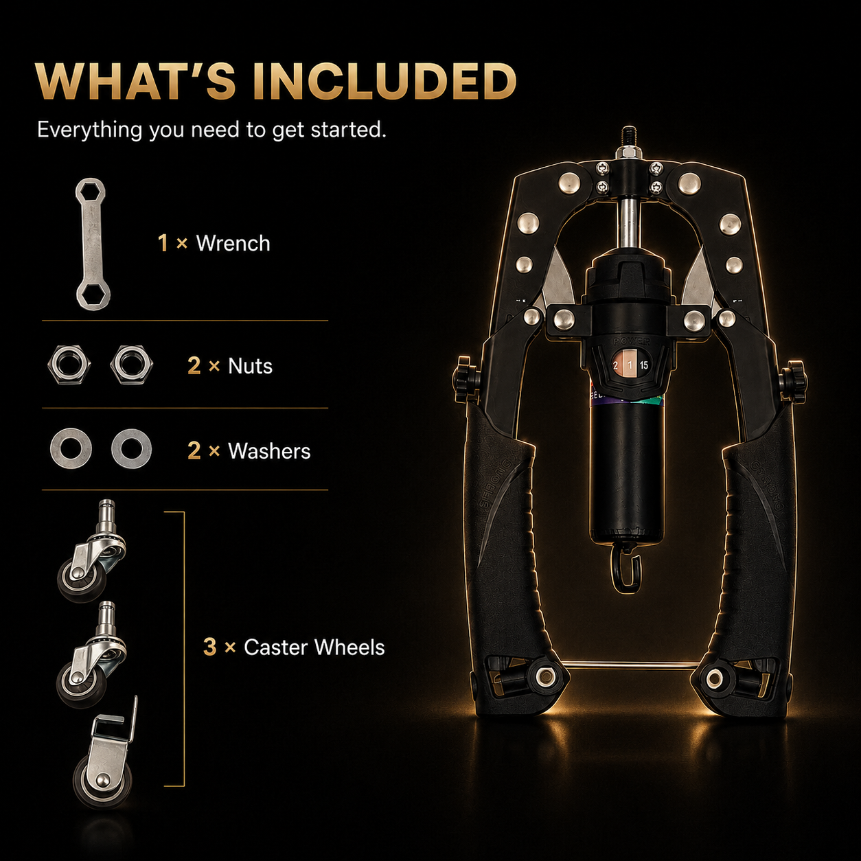 Product with included components listed on a dark background