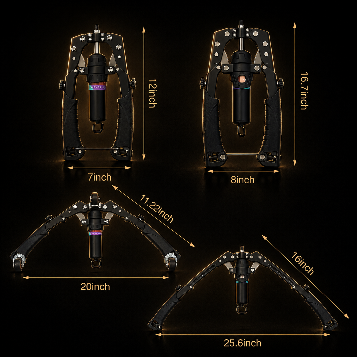 Measurement chart of a bow stand with dimensions labeled on a dark background