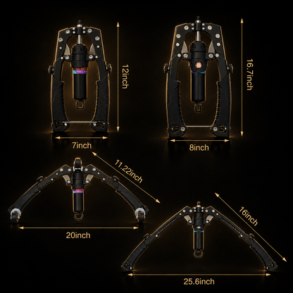 Measurement chart of a bow stand with dimensions labeled on a dark background