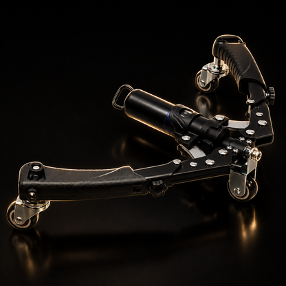Black metal tool with wheels on a black background