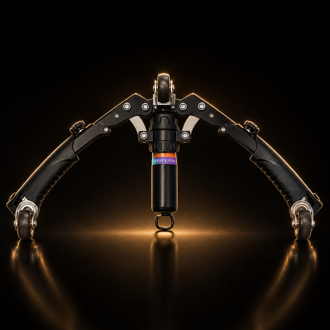 Black mechanical device with wheels on a dark background
