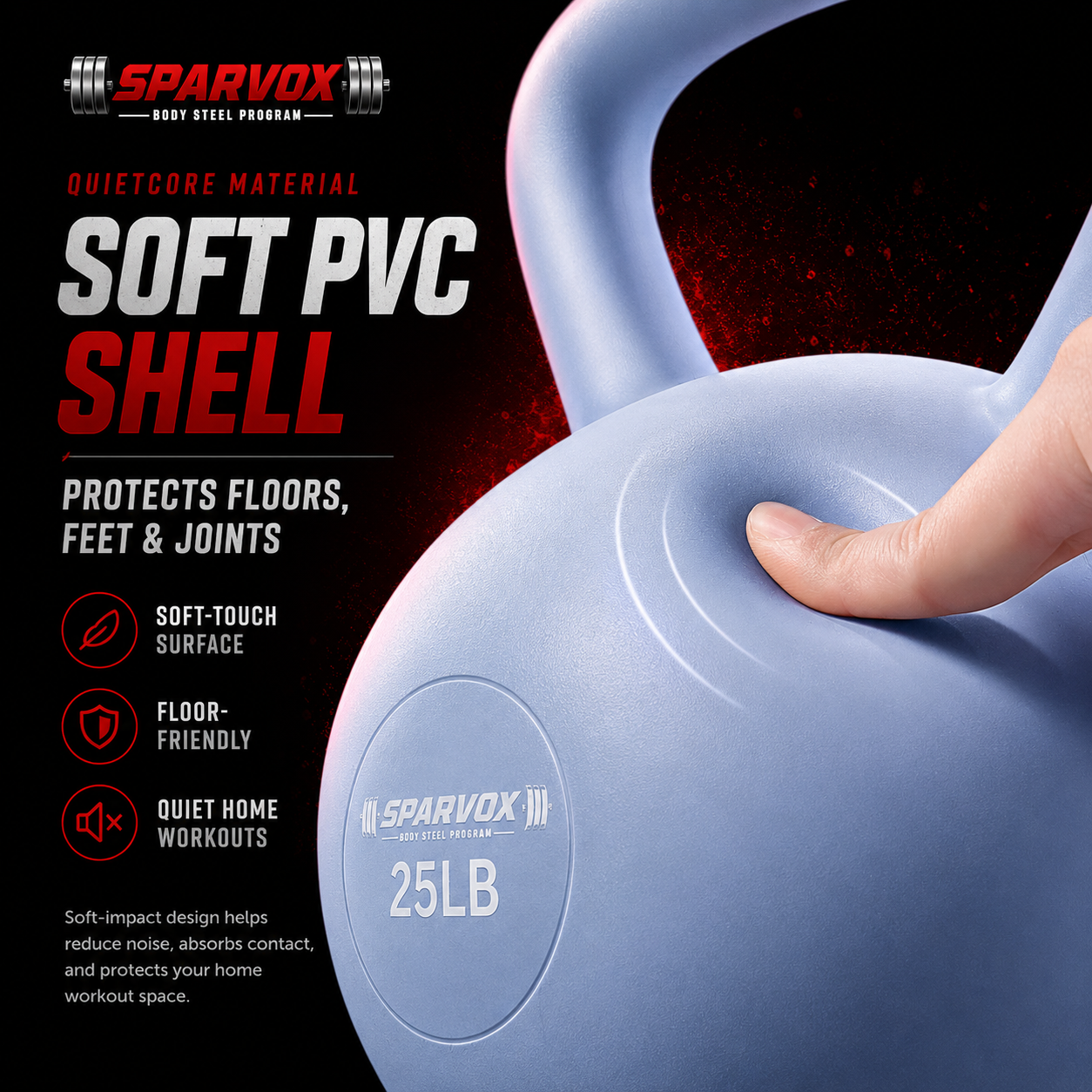 Blue kettlebell with text about Sparvax product features on a dark background