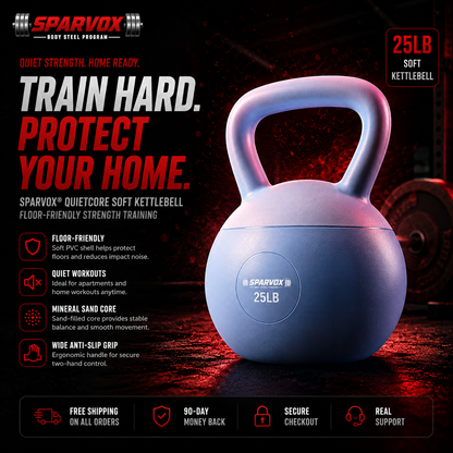 25lb Sparvox soft kettlebell with promotional text on a dark background